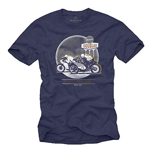 MAKAYA Regalos Camisetas Hombre Originales Moto - Cafe Racer Accesorios -T-Shirt Azul XL