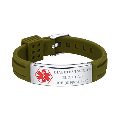 Richsteel 15mm Esclava Grande Alarma Personalizada Pulsera Alerta Medica Cruz Roja, Brazalete Identificacion Ajustable Color Verde