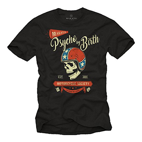 MAKAYA Camisetas Motorcycle Hombre - Psycho by Birth - T-Shirt Skull Calavera con Casco Moto Jet Negro M