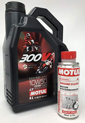 Aceite de Motor Competicion - Motul 300V2 4T FL Road Racing 10W50, Pack 4 litros Engine Clean Limpia Motores