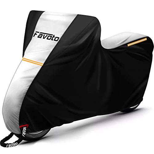 Favoto Funda para Moto Cubierta de Motocicleta 210D Impermeable, Protectora a Prueba de Sol Lluvia Polvo Viento Nieve Excremento de Pájaro al Aire Libre, 245x105x125cm Plata+Negro