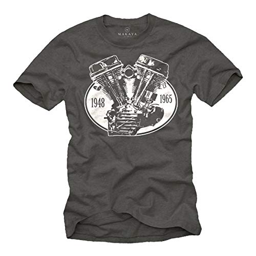 MAKAYA Camiseta con Motor Chris Davidsons - Panhead - Hombre Gris L
