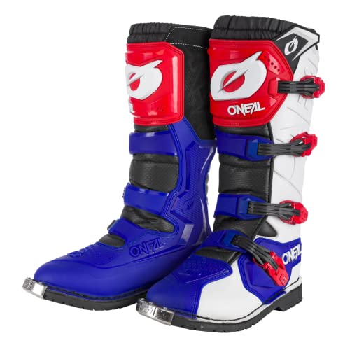 O'NEAL | Botas de Motocross | Motocicleta de Enduro | Confort gracias a la plantilla de aire, cuatro hebillas, material sintético | Botas Rider Pro | Adulto | Blanco Rojo Azul | Talla 49