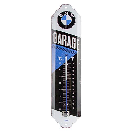 Nostalgic-Art Termómetro analógico BMW – Garage – Regalo para los Aficionados a los Accesorios de Coches, de Metal, Diseño Vintage, 6,5 x 28 cm