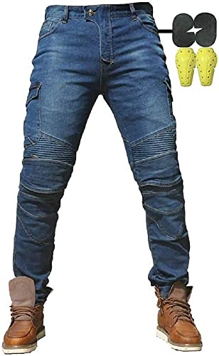 Hombres Pantalones De Motociclismo para Pantalones De Carreras De Motocross con Pantalones Anti Caída,Jeans de Moto, 4 x Equipo de protección (XL=34W / 32L, Azul)