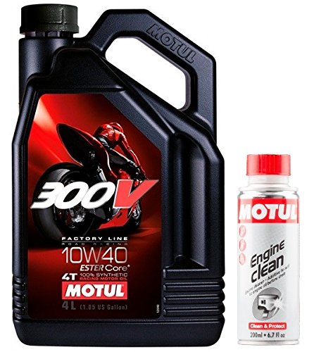 Motul Duo - Aceite para moto 300 V Factory Line Road Racing 4T 10W-40, 4 litros + Engine Clean 200 ml