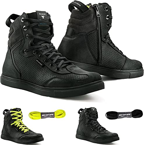 SHIMA Rebel WP, Impermeables Zapatos Moto Hombre - Transpirables, Reforzados Zapatos Moto de Cuero, Soporte para el tobillo, Suela Antideslizante, Mango de Cambio de Marchas (Negro, 43)