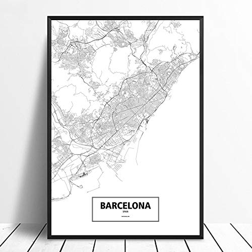 Impresión De La Lona,Barcelona, España Negro Blanco Mundo Custom Mapa Póster De Impresión De Lienzo De Pared Estilo Nórdico Art Home Decoración Decoración De Pared,40×50Cm (15,74×19.68Pulgadas)Sin Mar