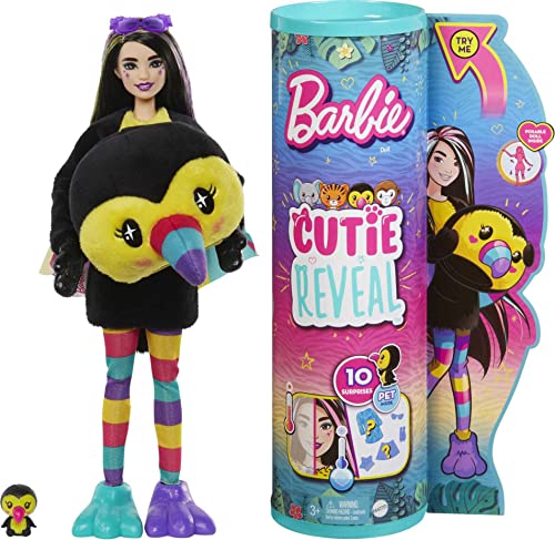 Barbie Cutie Reveal Serie Amigos de la jungla Tucán Disfraz revela una muñeca articulada con mascota y accesorios sorpresa de moda, juguete +3 años (Mattel HKR00)
