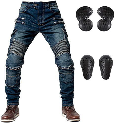 LINFKY Hombres Pantalones de Motociclismo para Pantalones de Carreras de Motocross con Pantalones Anti Caída, Jeans de Moto con 4 x Equipo de protección (Azul,M=33.5