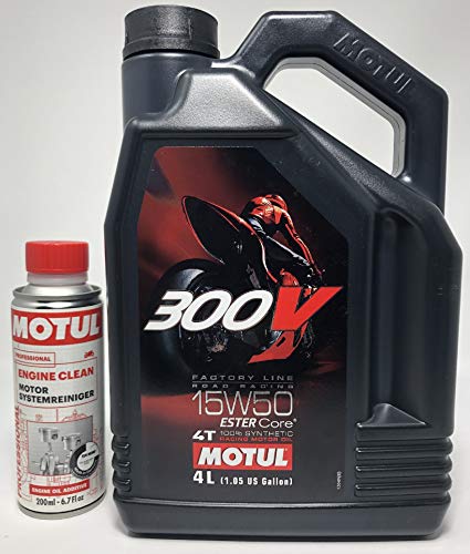 MOTUL Duo Aceite Moto 300V Factory Line Road Racing 4T 15W-50, 4 litros+ Engine Clean 200ml