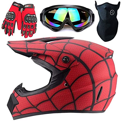 ZOLOP Motocicleta Motocross Moto Casco，Spiderman Style Red Full face Helm，Guantes Increíbles/Gafas/Mascarillas (L, F6)