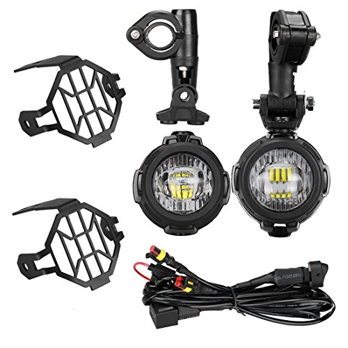 Motorcycle Auxiliary Lights, LED Headlights Angel Eyes Daytime Running Lamps with Protect Guards Wiring Harness High/Low Beam Replacement for R1200GS/ADV