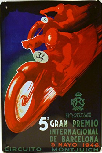 ART ESCUDELLERS Cartel Póster publicitario de Chapa metálica con diseño Retro Vintage de Catalunya/España. Tin Sign. 30 cm x 20 cm (Motos Gran Premio Internacional 1946)
