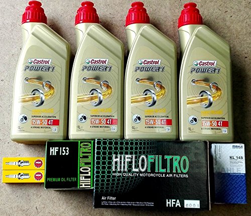 Kit de revisión para Ducati Monster Evo 1100 2012 – 2013 con 4 litros de aceite Castrol Power 1 15W50, 1 filtro de aceite HiFlo HF153, 1 filtro de aire HiFlo HF6001, 2 bujías NGK DCPR8E, 1 filtro de